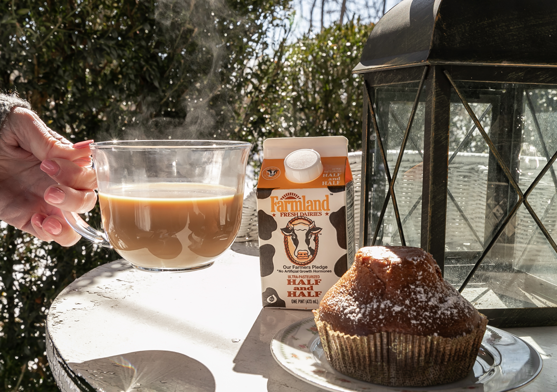 farmland half and container half with coffee and muffin